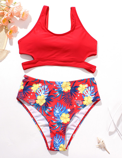 Fashion Red Hollow Sling Print High Waist Split Swimsuit