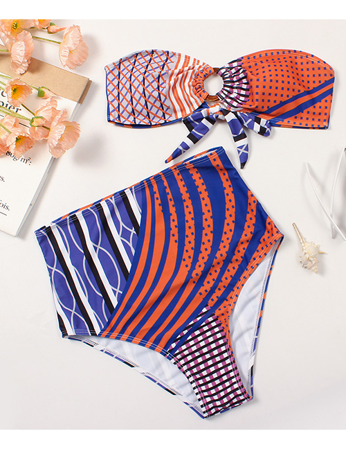 Fashion Color Printed Knotted Tube Top High Waist Split Swimsuit