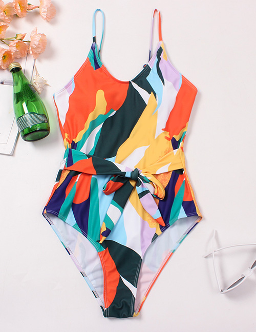 Fashion Color Printed Strappy Sling One-piece Swimsuit