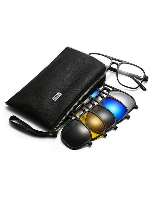Fashion Five Pieces With Leather Bag Geometric Magnetic Sunglasses Lens Cover With Leather Bag