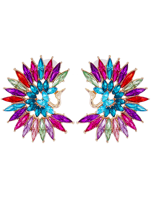 Fashion Color Alloy Diamond Geometric Peacock Stud Earrings