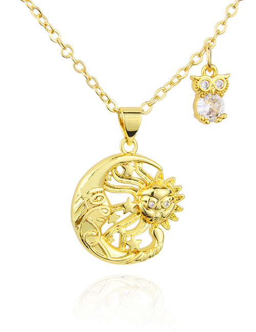 Fashion Gold Gold-plated Copper With Diamonds Star And Moon Owl Necklace
