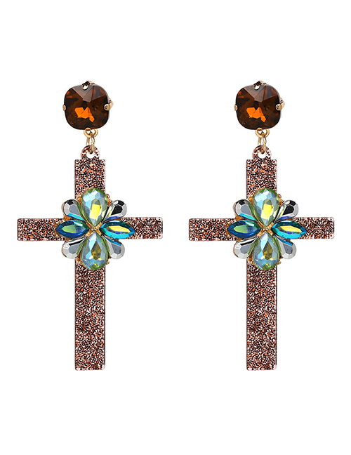 Fashion Brown Alloy Diamond Cross Stud Earrings