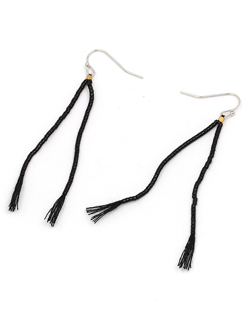 Fashion Black Geometric Rice Bead Tassel Earrings