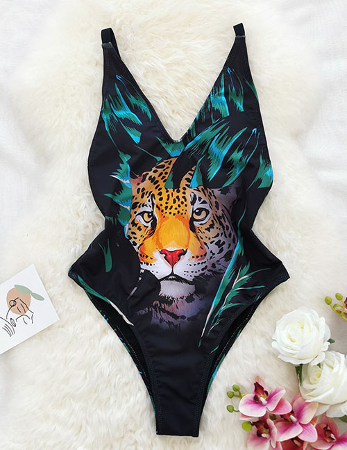 Fashion Black Tiger Head Leopard Print V-neck One-piece Swimsuit