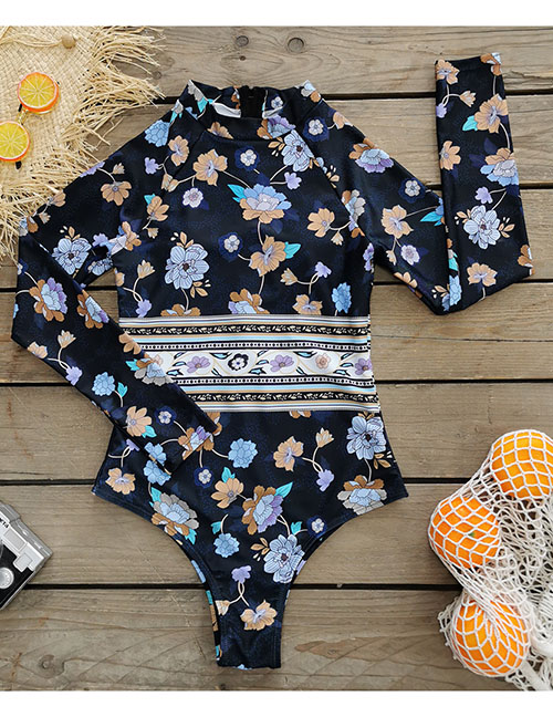 Fashion Colored Flowers On Black Printed Long-sleeved One-piece Swimsuit