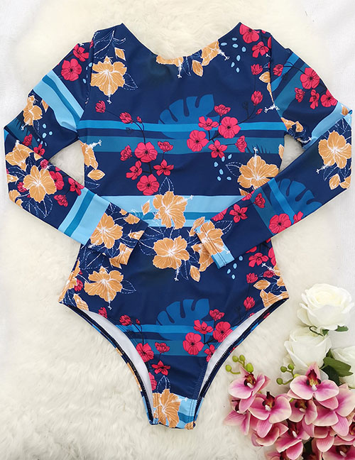 Fashion Red Flowers On Blue Background Printed One-piece Swimsuit