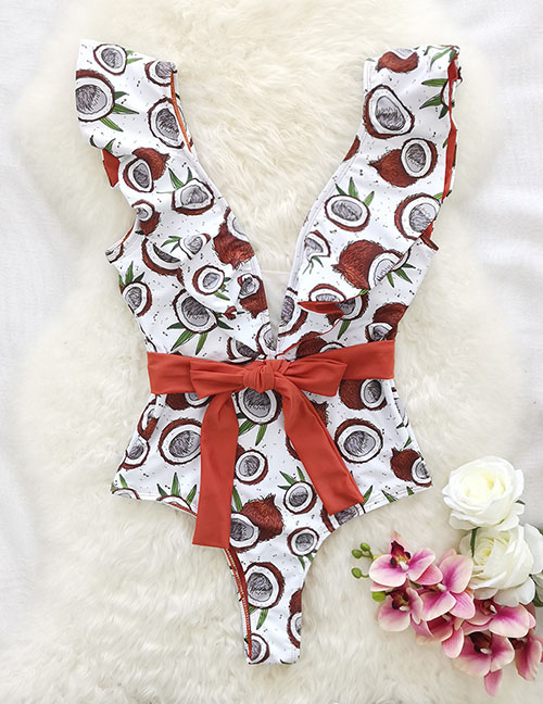 Fashion Coconut Printed Flying Sleeves V-neck Strap One-piece Swimsuit