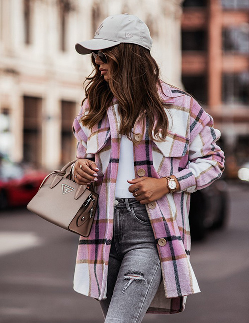 Fashion Pink Checked Cotton Jacket With Button Pockets