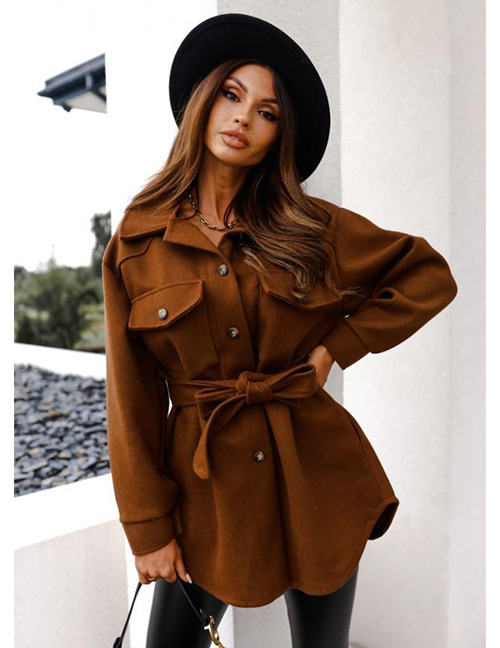 Fashion Brown Solid Color Woolen-breasted Lace-up Jacket
