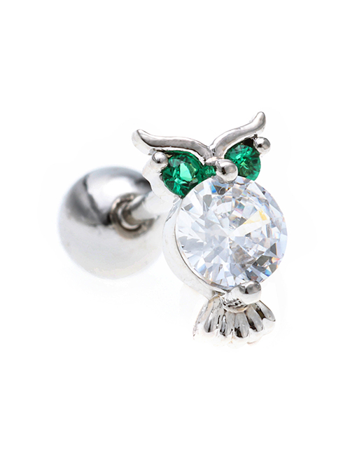 Fashion Small Green Eye White K Copper And Diamond Owl Piercing Stud Earrings