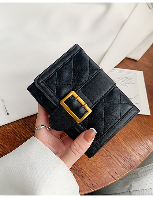 Fashion Black Short Pu Diamond Lock Tri-fold Wallet