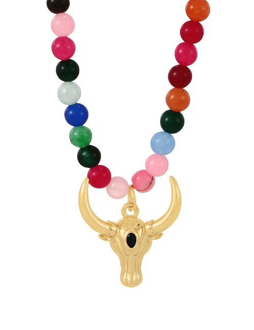 Fashion Color Copper And Zirconium Beaded Natural Bull Head Necklace
