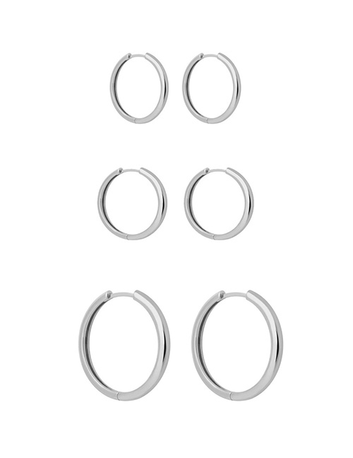 Fashion Three-piece Silver Color Titanium Steel Round Plain Ring Ear Ring