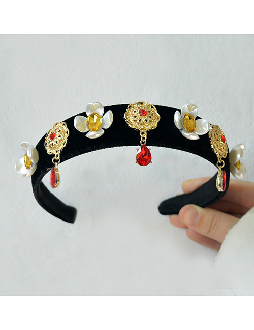 Fashion Black Fabric Wide-brimmed Headband With Diamonds And Flowers