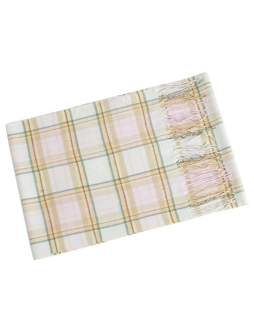 Fashion Light Pink + Light Green Cashmere Check Fringed Scarf