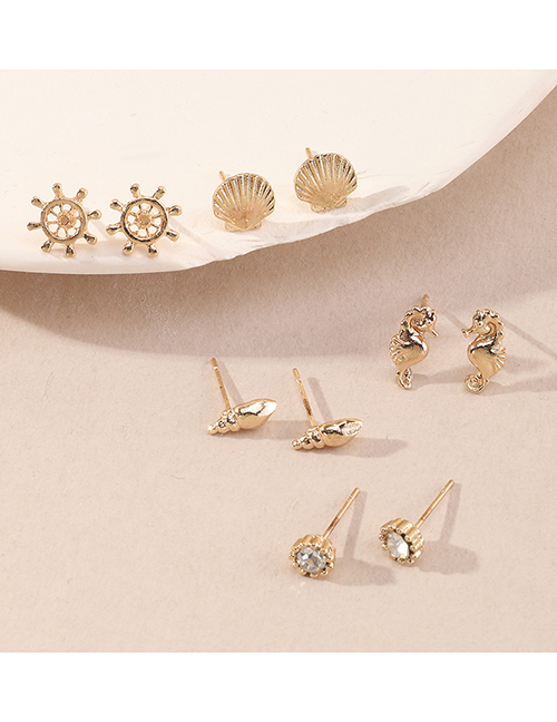 Fashion Gold Color Metal Diamond Shell Waterwheel Seahorse Geometric Stud Earring Set