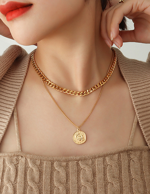 Fashion X905-gold Coloren Double Necklace Titanium Steel Gold-plated Geometric Portrait Medal Double Necklace
