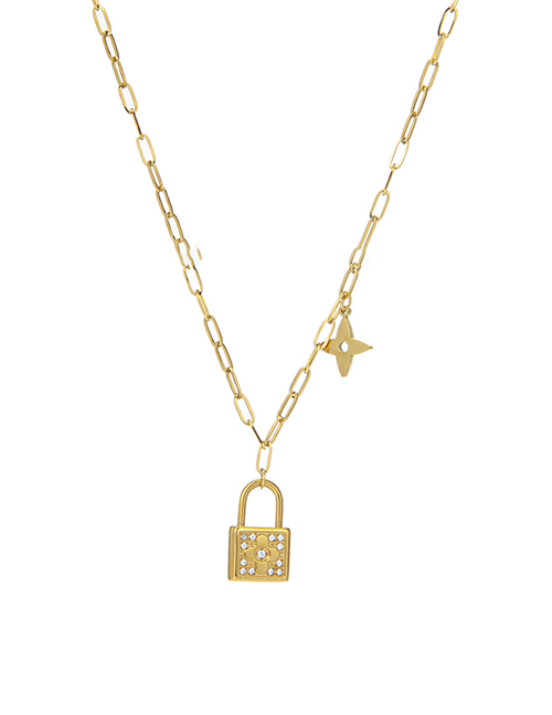 Fashion Gold Titanium Steel Diamond Gold Lock Star Necklace