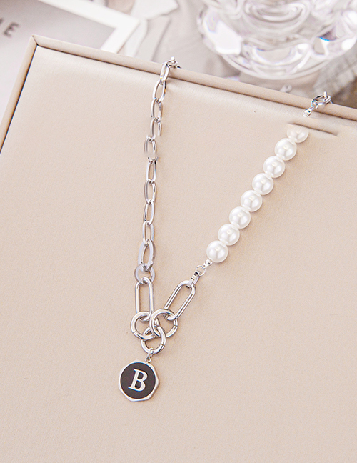 Fashion Steel Color Titanium Steel Letter Brand Pearl Stitching Chain Necklace