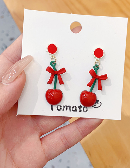 Fashion Red Alloy Cherry Bow Earrings