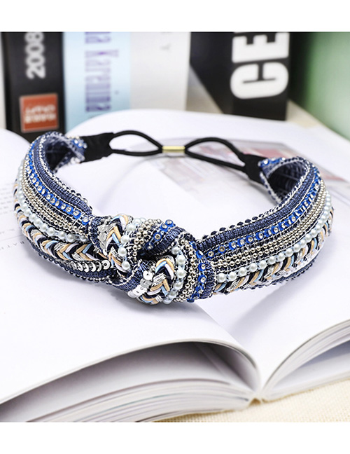 Fashion Blue Pure Hand-woven Headband Fabric Diamond-studded Woven And Knotted Broad-brimmed Headband