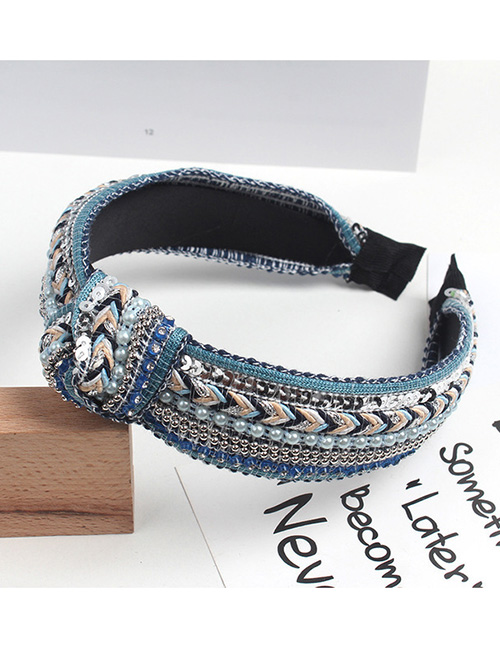 Fashion Blue Diamond Pearl Sequins Knotted Wide-brim Hair Band