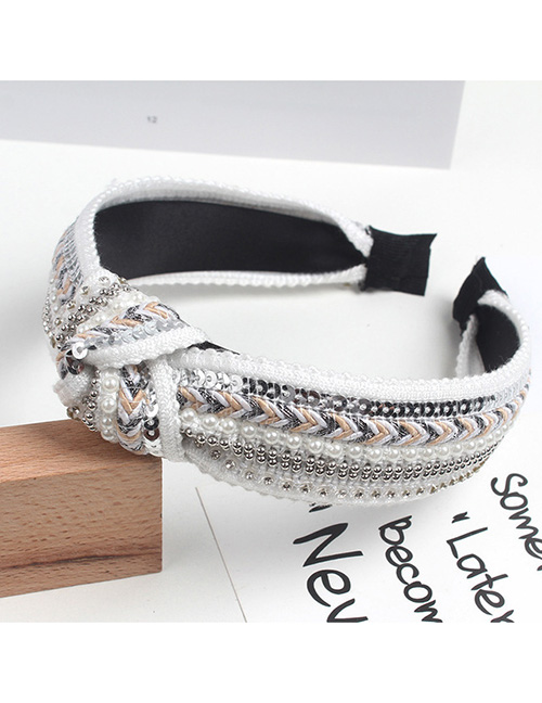 Fashion White Diamond Pearl Sequins Knotted Wide-brim Hair Band