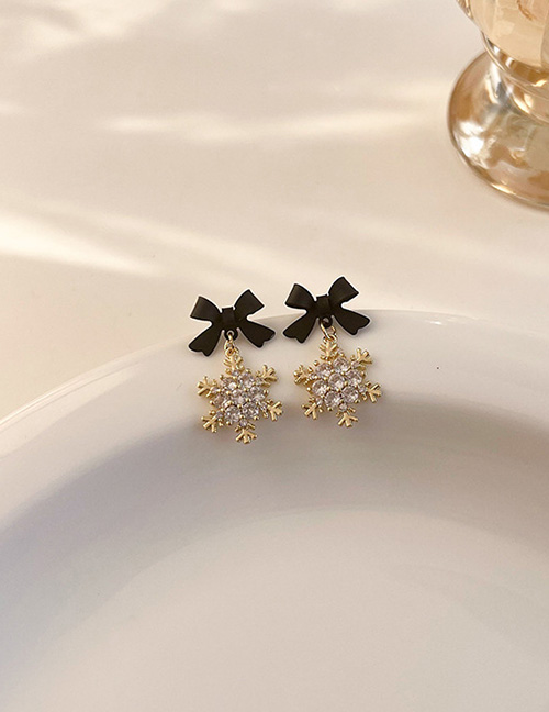 Fashion Black Alloy Diamond Snowflake Bow Earrings