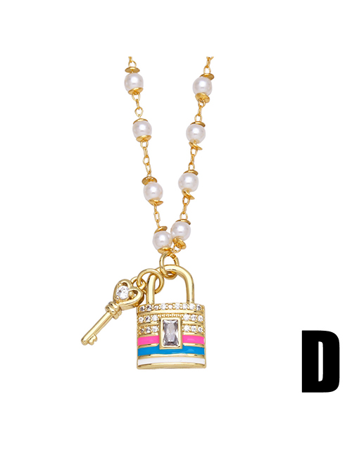 Fashion D (pink Blue And White) Copper And Diamond Key Lock Pearl Necklace