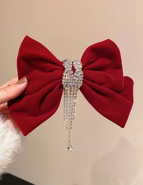 Fashion Red Velvet Bow Hairpin With Diamond Tassels
