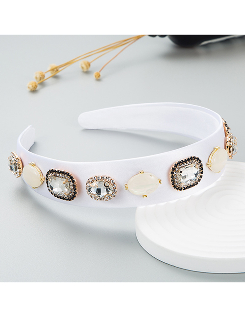 Fashion White Fabric Diamond-studded Broad-brimmed Headband