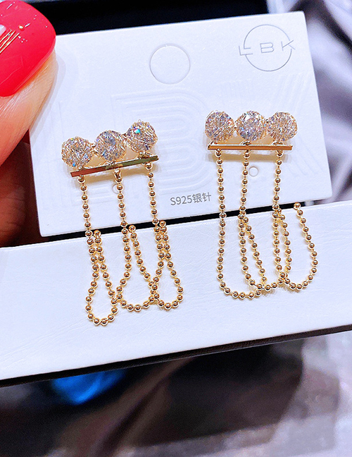 Fashion Gold Copper Inlaid Zirconium Chain Tassel Earrings