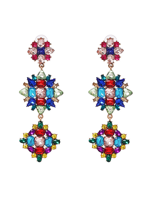 Fashion Color Alloy Inlaid Geometric Diamond Earrings