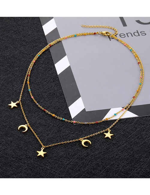 Fashion Gold Titanium Steel Star And Moon Tassel Double Necklace
