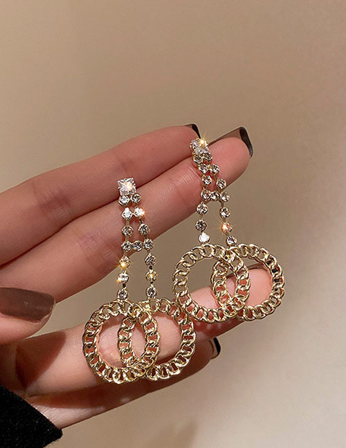 Fashion Gold Alloy Diamond-studded Geometric Chain Double Ring Earrings