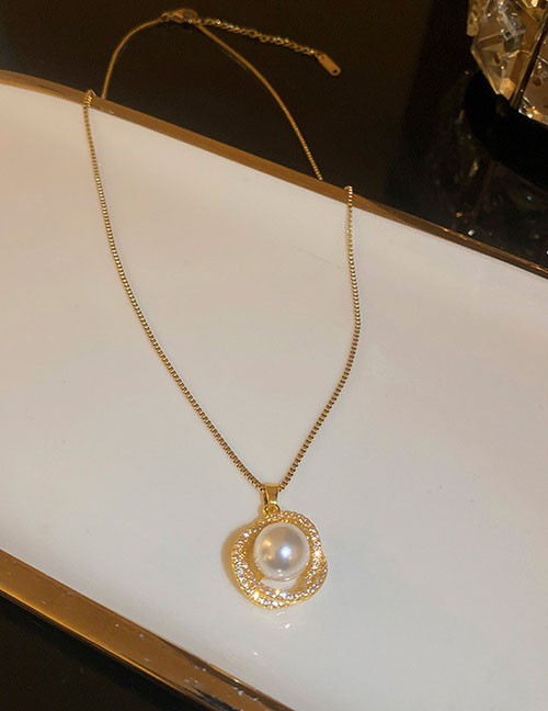 Fashion Gold Titanium Steel Inlaid Zirconium Pearl Necklace
