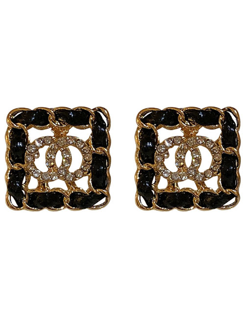 Fashion Gold Alloy Diamond Double Loop Leather Winding Square Earrings