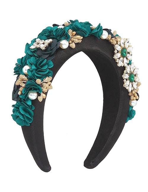 Fashion Green Fabric Wide-brimmed Headband With Diamonds And Silk Flowers
