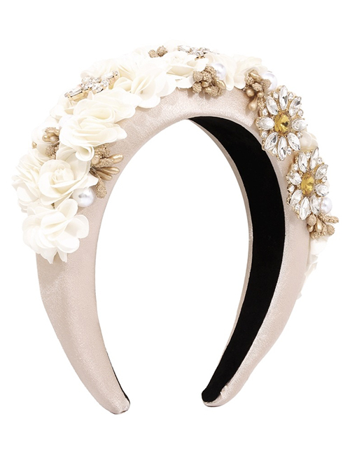 Fashion Beige Fabric Wide-brimmed Headband With Diamonds And Silk Flowers
