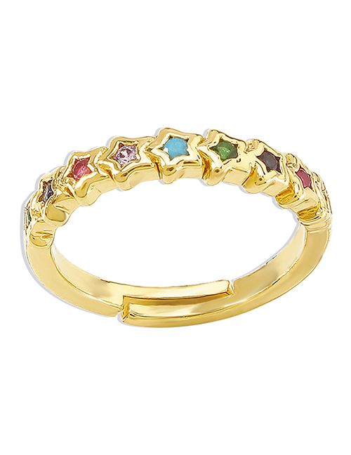 Fashion Color Stars Copper Inlaid Single Row Color Zirconium Open Ring
