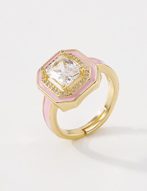 Fashion Pink Copper Inlaid Square Zirconium Open Ring