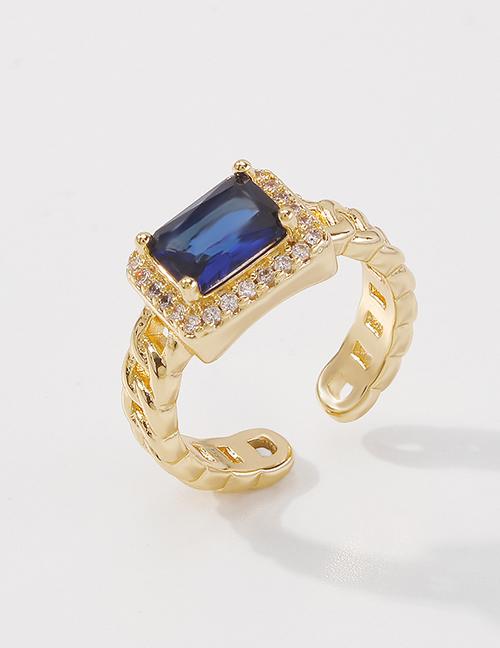 Fashion Dark Blue Diamond Copper Inlaid Square Zirconium Open Ring
