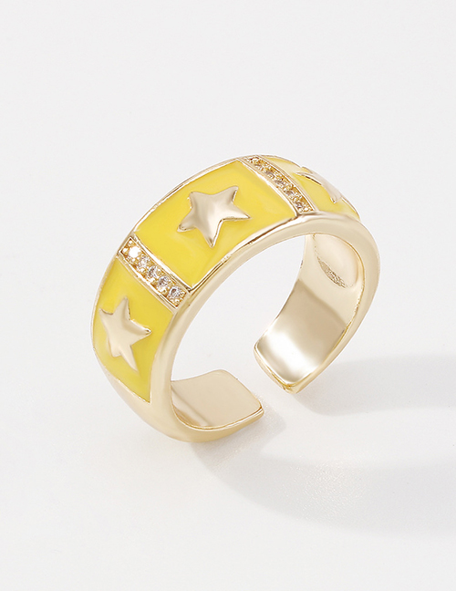 Fashion Yellow Copper Inlaid Zirconium Drop Oil Star Open Ring