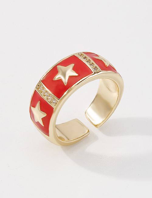 Fashion Red Copper Inlaid Zirconium Drop Oil Star Open Ring