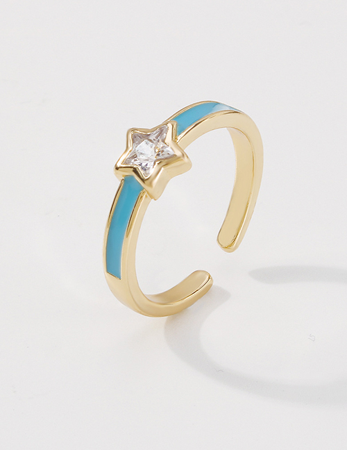 Fashion Blue Copper Inlaid Zirconium Geometric Drop Oil Five-pointed Star Open Ring
