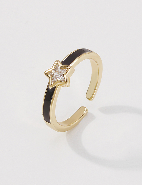 Fashion Black Copper Inlaid Zirconium Geometric Drop Oil Five-pointed Star Open Ring