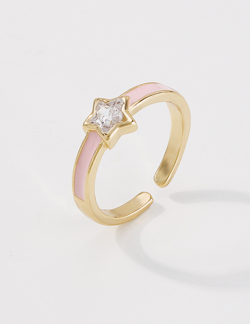 Fashion Pink Copper Inlaid Zirconium Geometric Drop Oil Five-pointed Star Open Ring
