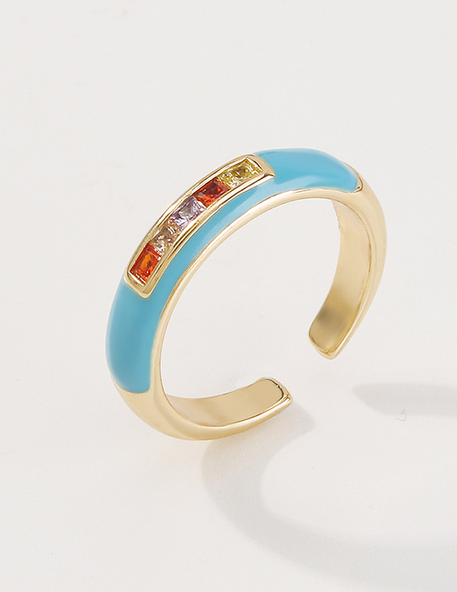 Fashion Blue Copper Inlaid Zirconium Geometric Drip Open Ring