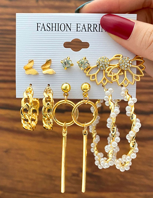 Fashion 2# Alloy Chain Pearl Hollow Pattern Butterfly Geometric Stud Earring Set